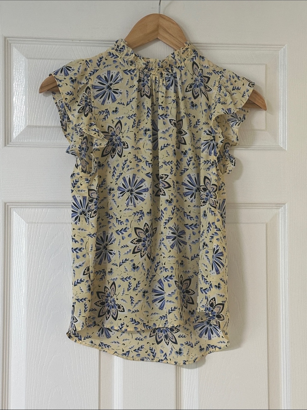 LOFT Yellow Floral Ruffle Mock-Neck Blouse